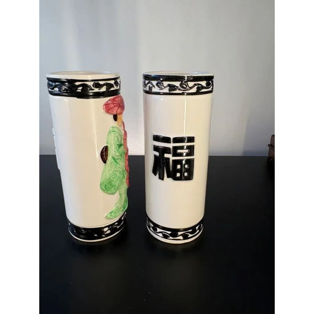 Orchids of Hawaii Tiki Mugs Pair Japan R-98 Geisha Parasol Fuku Character